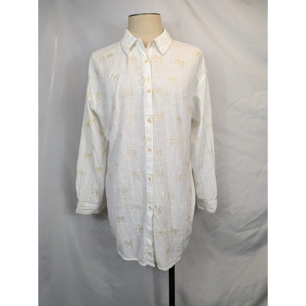 Palm Tree Tropical Resort Beach White‎ Gold Button Up Shirt Tunic blue island XL